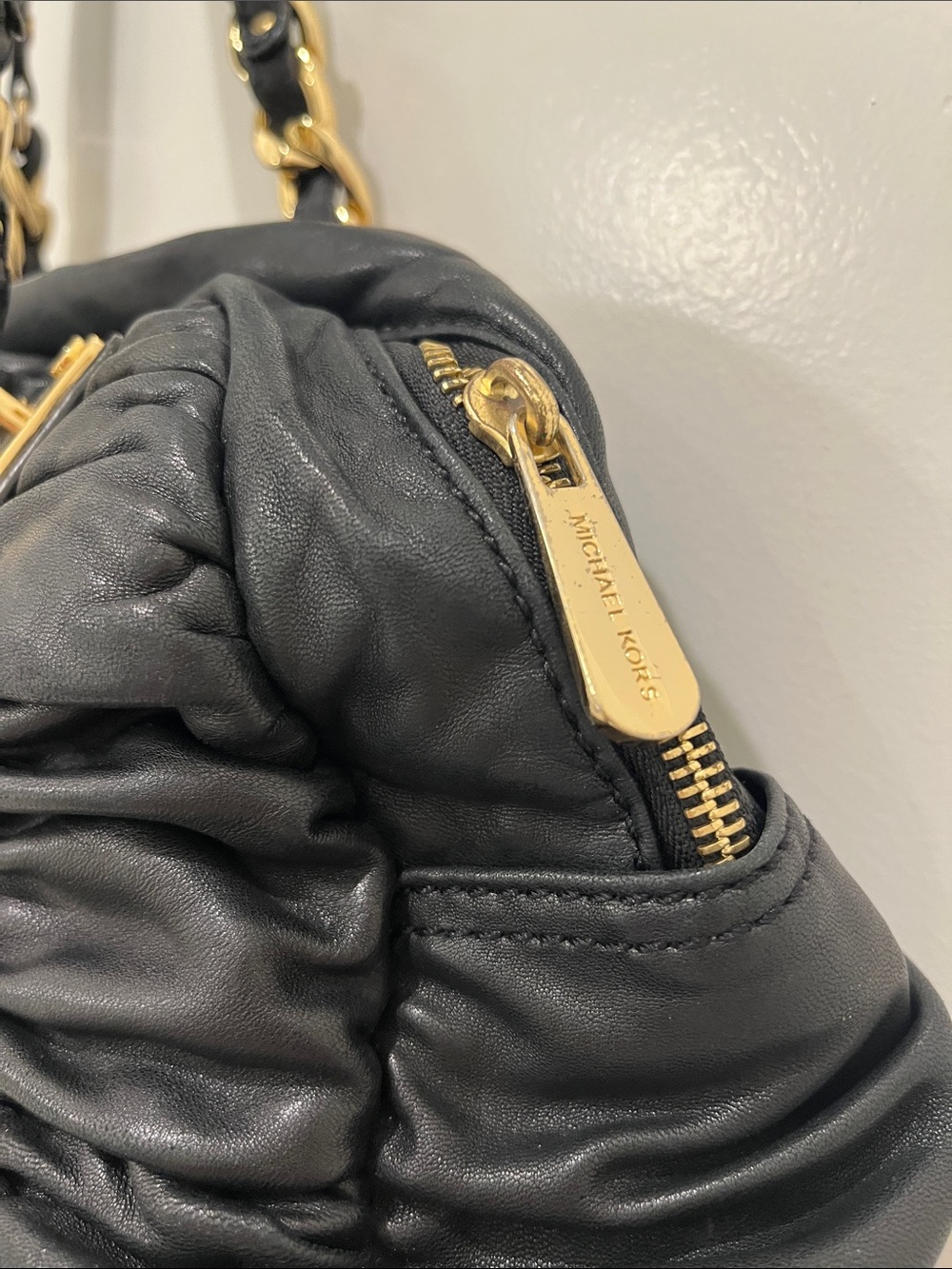 Michael Kors Black Ruched Leather Shoulder Bag with Gold Accents-Edgy Elegance - Picture 4 of 9